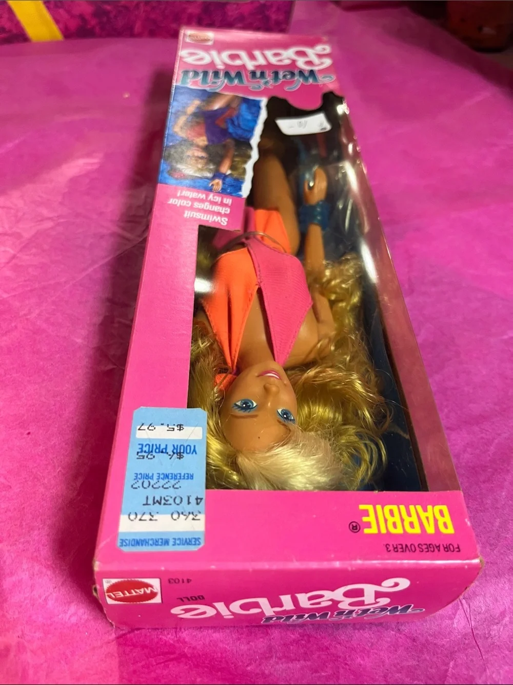 vintage 1989 Mattel Wet 'n Wild Barbie doll Pink & Orange Swimsuit NRFB